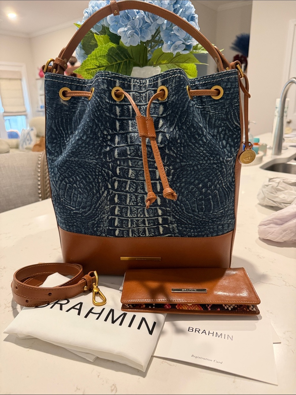 Brahmin Marlowe In Denim Quince with Ady wallet in Cognac Dunaway Leather